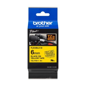 Fita Original Brother TZeFX611 Laminada Flexível  Texto Preto em Fundo Amarelo 6mm x 8 metros