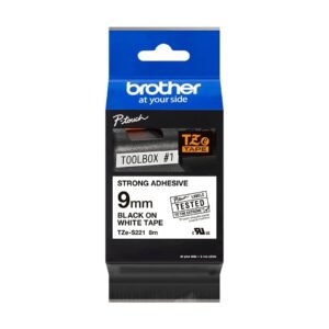 Fita Original Brother TZeS221  Laminada Super Adesiva  Texto Preto em Fundo Branco  9mm x 8 metros