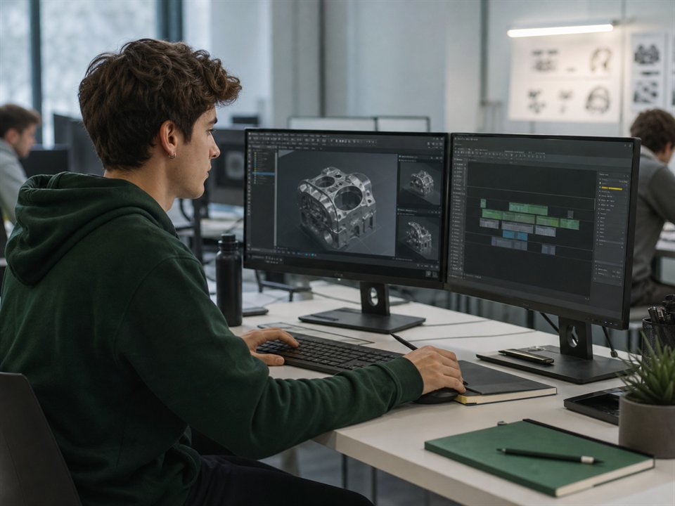 Estudante de área técnica e criativa numa workstation com dois monitores