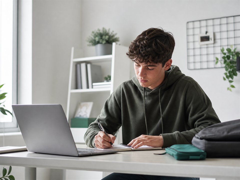 Estudante do ensino básico e secundário a trabalhar num portátil