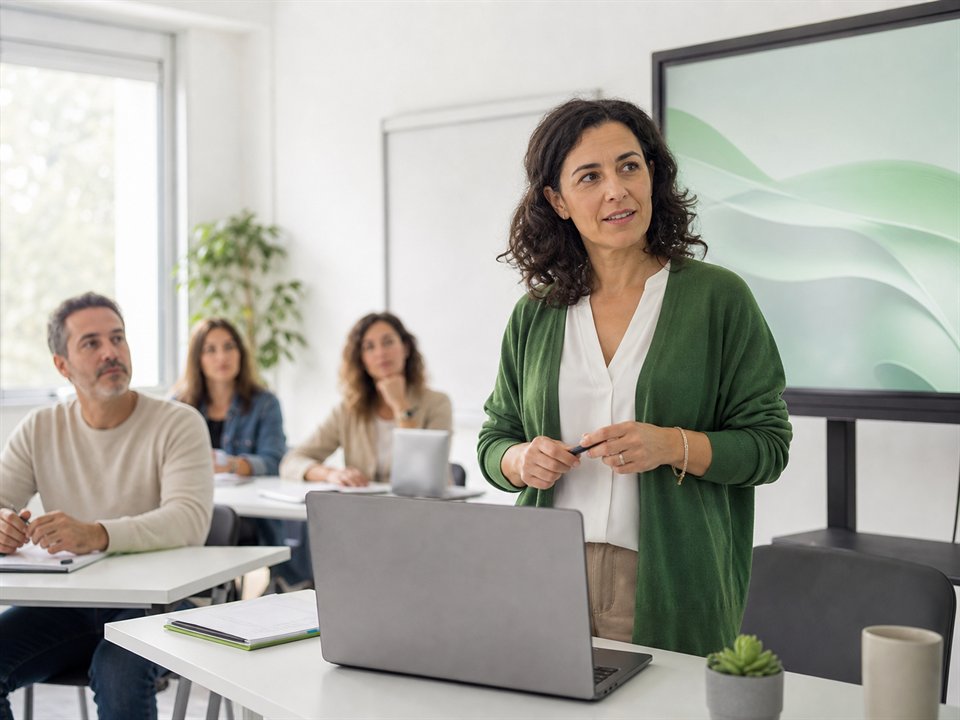 Professora a preparar uma aula com portátil e ecrã interativo