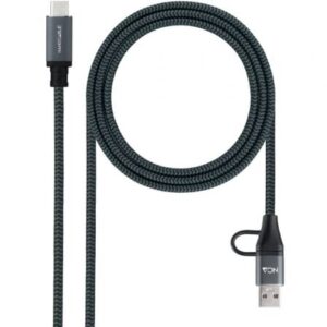 Cabo USB 3.2 Tipo-C Nanocable 10.01.4111-L150-COMB/ USB Tipo-C Macho + USB Macho   USB Tipo-C Macho  Até 100W/ 20Gbps 1.5m Cinza e Preto