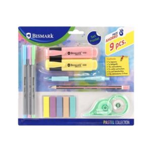 Conjunto Escolar Pastel  Bismark composto por lápis / esferográfica /  2 marcadores /  fita corretora /  conjunto de marcadores de página autocolantes em PET e 3 canetas de ponta fina (0.44 mm)